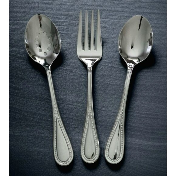 3 Gourmet Settings Serving Set Fork Solid/Slotted Spoon Beaded Glossy Stainless - Picture 1 of 7